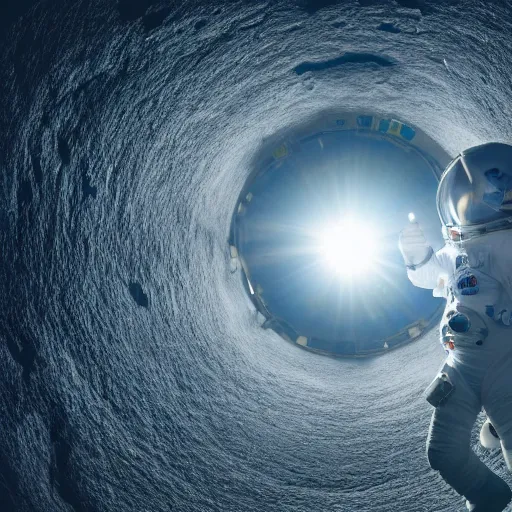 Image similar to photograph of an astronaut in space, singular light source from below, earth only visible below, darkness above, full body photo, amazing light and shadow contrast, 8 k