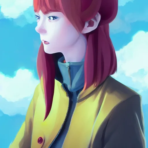 Prompt: portrait of a pale redheaded demon girl with yellow eyes and horns wearing a jacket, galaxy background, highly detailed, digital painting, artstation, matte, by makoto shinkai, animation style, studio ghibli, anime key visual