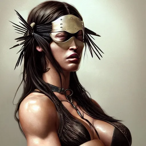 Image similar to portrait of megan fox, muscular upper body, slave collar, blindfold, bikini, fantasy, intricate, elegant, highly detailed, digital painting, artstation, concept art, matte, sharp focus, illustration, art by aenaluck and roberto ferri and greg rutkowski, epic fantasy, digital painting