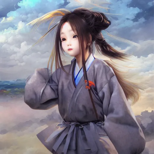 Image similar to dynamic composition, motion, ultra-detailed, incredibly detailed, a lot of details, amazing fine details and brush strokes, colorful and grayish palette, smooth, HD semirealistic anime CG concept art digital painting, watercolor oil painting of a Japanese schoolgirl, by a Chinese artist at ArtStation, by Huang Guangjian, Fenghua Zhong, Ruan Jia, Xin Jin and Wei Chang. Realistic artwork of a Chinese videogame, gradients, gentle an harmonic grayish colors.