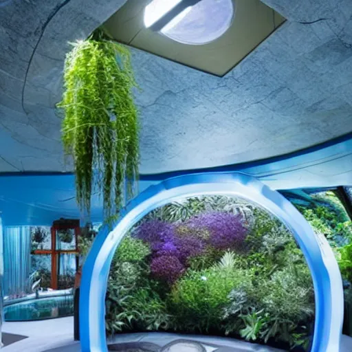 Prompt: a large blue futuristic room, startrek style, filled with plants, vegetation, rocks and a swimming pool.