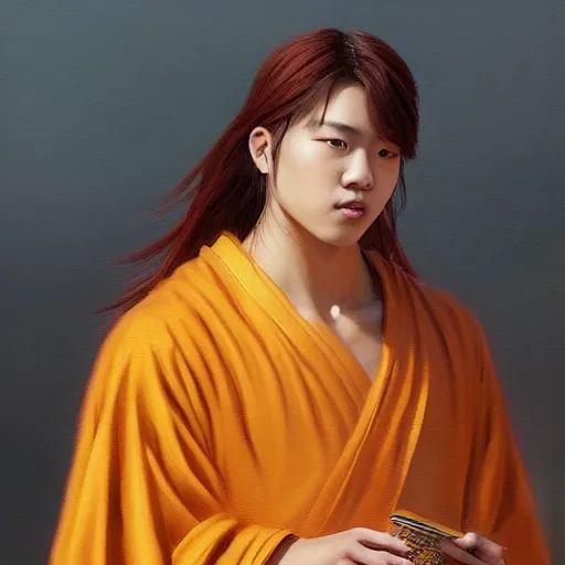Prompt: very detailed masterpiece painting of long hair Jimin from BTS as a golden robe monk from BTS, featured in artstation, concept art by Greg Rutkowski, WLOP, Dan Mumford, Christophe Vacher