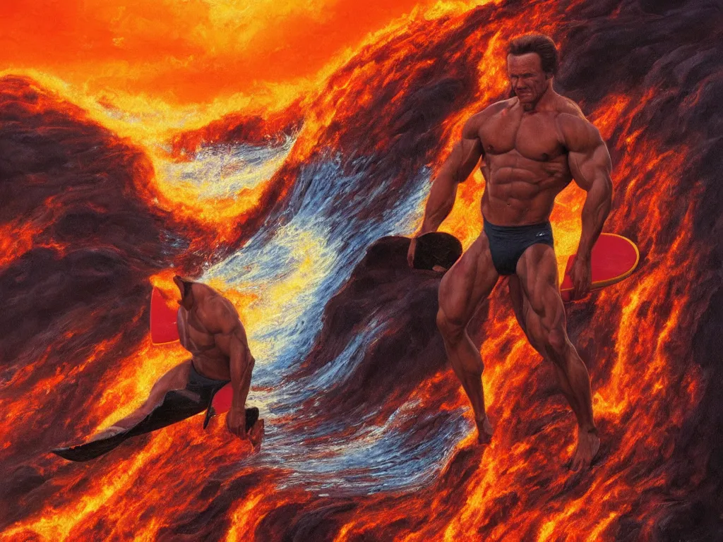 Prompt: detailed full body portrait of an arnold schwarzenegger surfing on lava wave by boris vallejo, fire lake, stunning scene, 8 k, digital painting, hyperrealism, bright colors, trending on artstation