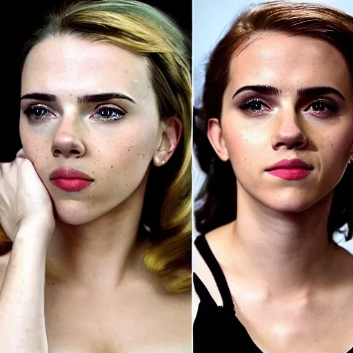 Image similar to a woman who is a genetic combination of scarlett johansson and emma watson face and upper - body focus