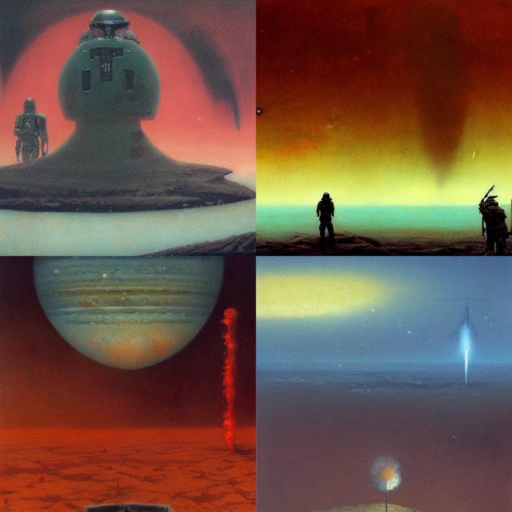 Prompt: mandalorian watching explosion on jupiter , panoramic cinematic very sharp oil painting by beksinski