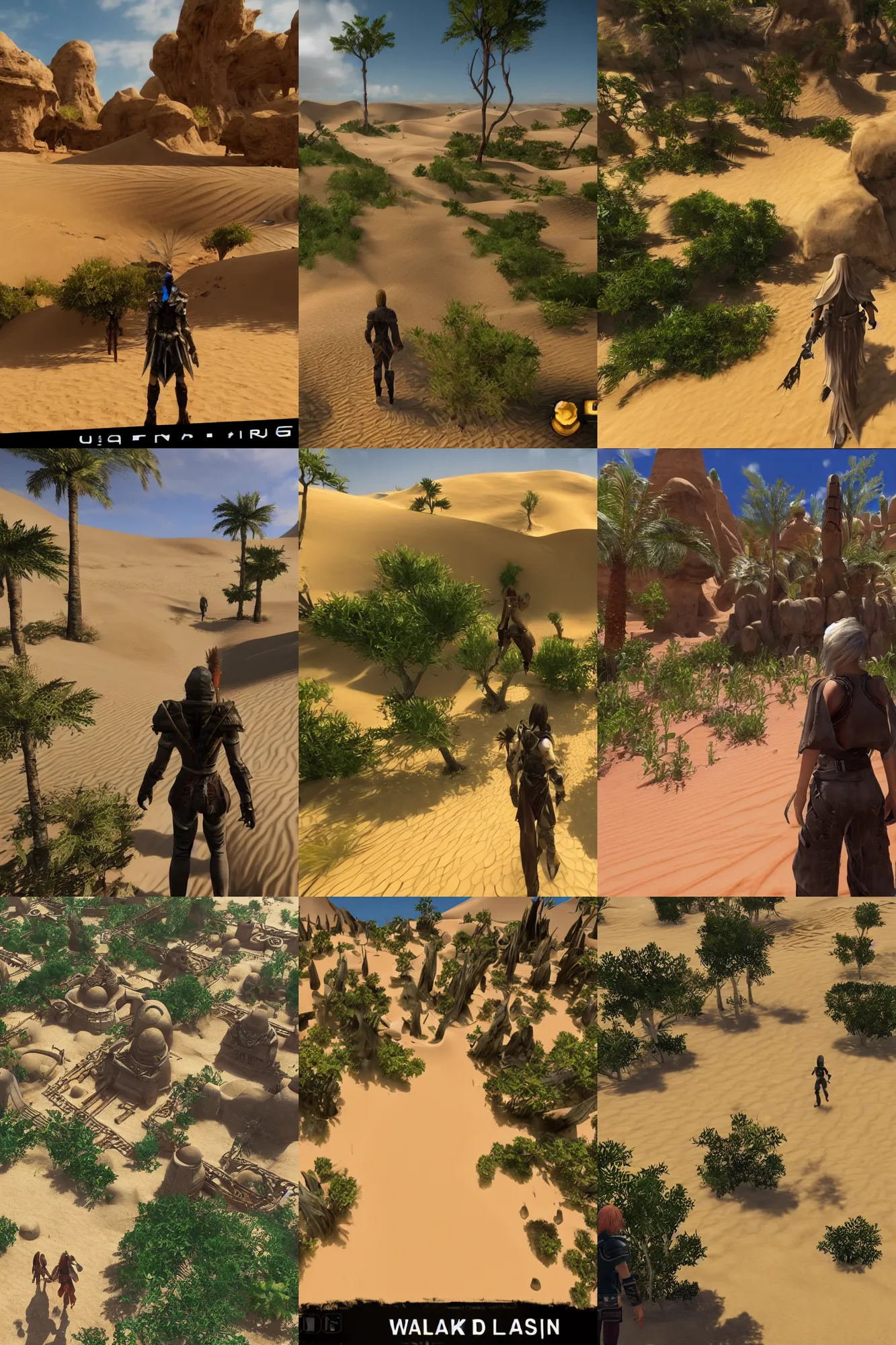 Prompt: gameplay walkthrough 3 rd person adventure game arriving at the amazing spiritual alien village in the lush oasis of a vast flat empty sand desert with dunes, screenshot, final fantasy, square enix, jrpg, unreal engine, next gen graphics, rtx, cutscene, path tracing, high fidelity, particle effects