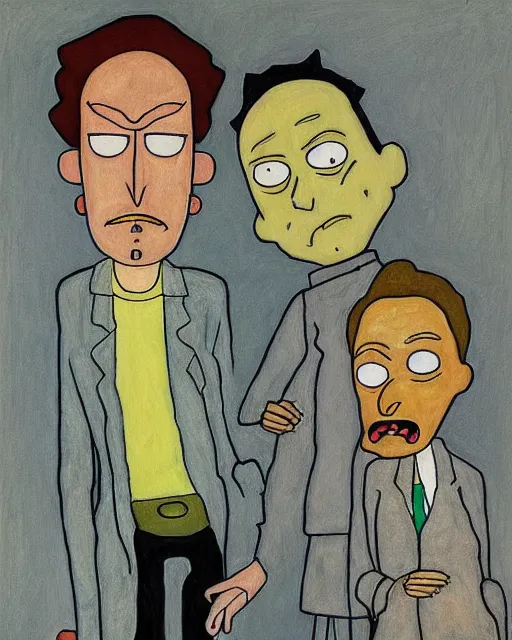 Image similar to portrait of rick and morty by egon schiele in the style of greg rutkowski