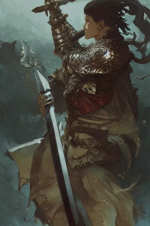 Prompt: Berserk Beruseruku with very big sword, D&D, fantasy, portrait, highly detailed, digital painting, artstation, concept art, sharp focus, illustration, art by greg rutkowski and alphonse mucha