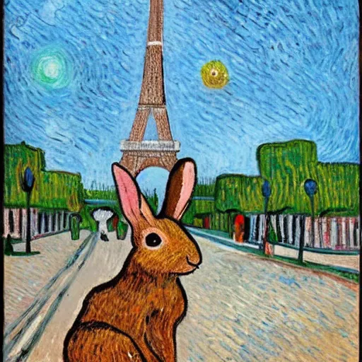 Image similar to a rabbit sitting on a street in paris, the eiffel tower is visible in the background, in the style of van gogh