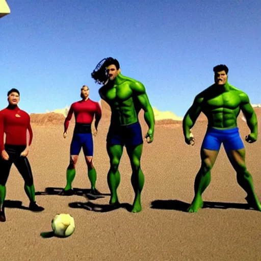 Image similar to supermen and hulk playing soccer together at desert