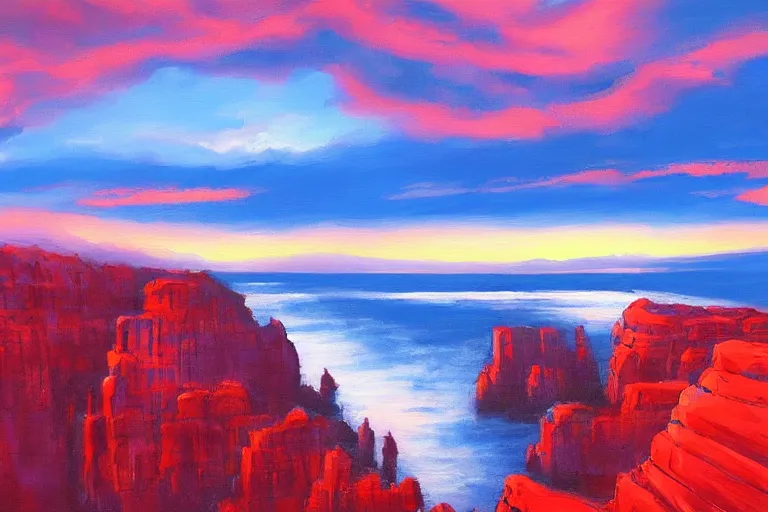 Image similar to a blue sunset with red tall cliffs, scenic view, artstation, painting