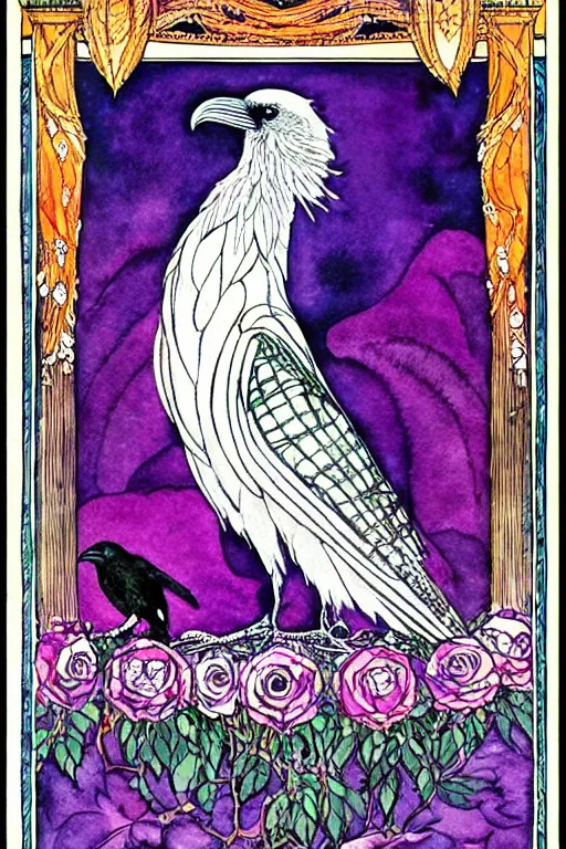 Prompt: single realistic raven in the center of an ornate purple rose frame, art by kay nielsen and walter crane, illustration style, watercolor