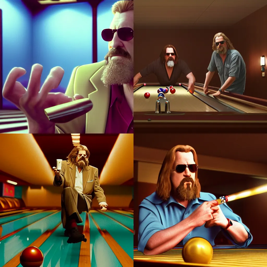 Prompt: the dude big lebowski smoking inside bowling alley realistic 4k octane beautifully detailed render, 4k post-processing, highly detailed, intricate complexity, epic composition, magical atmosphere, cinematic lighting, masterpiece, ultra hd