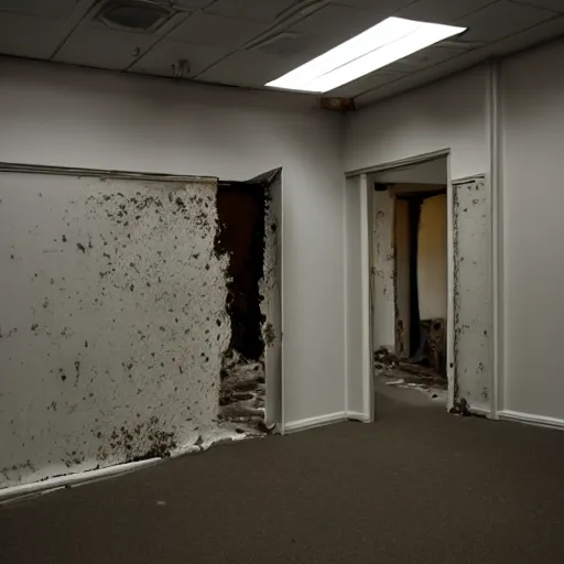 Image similar to backrooms office space, ominous lighting, moldy walls