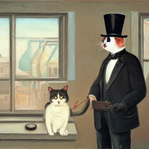 Prompt: an oil painting of a man in a factory looking at a cat wearing a top hat