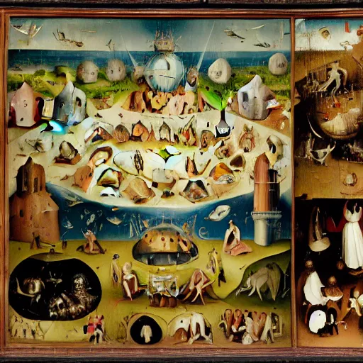 Prompt: a high resolution oil painting by hieronymus bosch depicting earthly delights under a canopy of the heavens