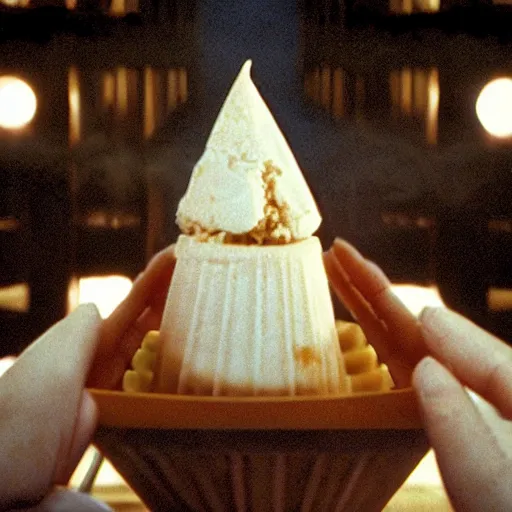 Image similar to A photograph of the Ark of the Covenant, opened, to reveal a holy levitating ice cream cone