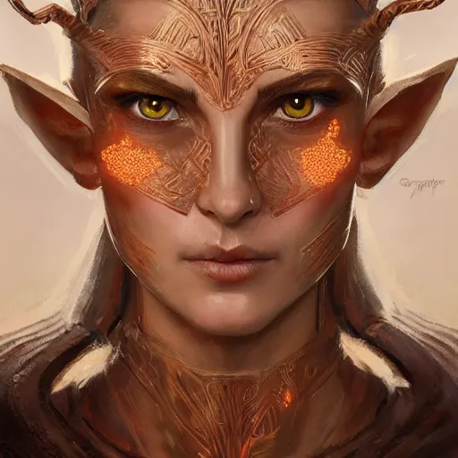 Prompt: A head-on, symmetrical detailed oil portrait of an elf woman with small horns of copper, bright copper-colored irises and wearing a simple white robe, by greg rutkowski, trending on artstation, dungeon and dragons art
