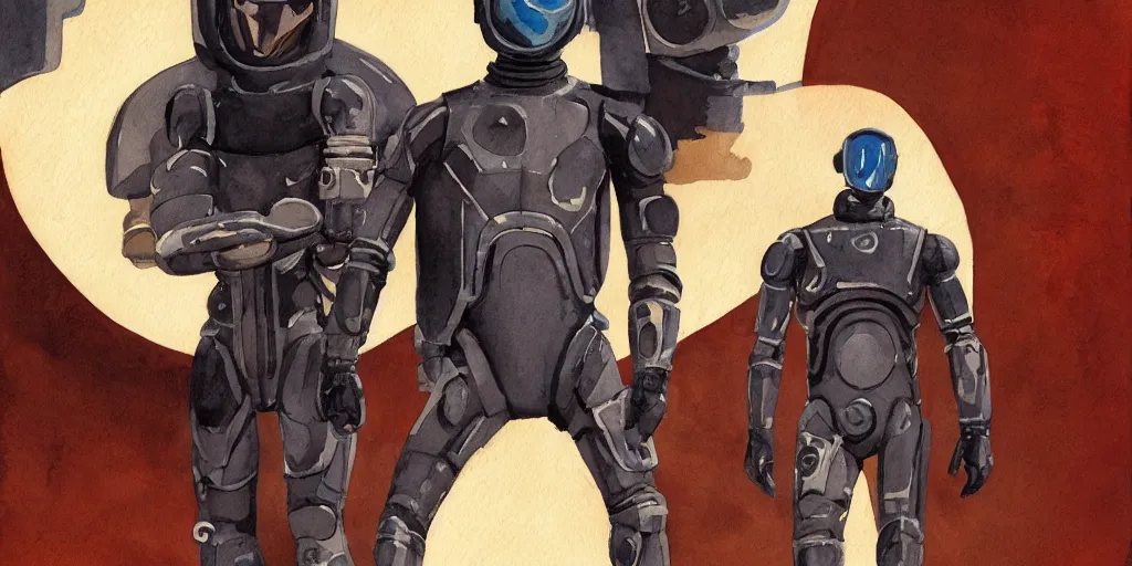 Image similar to male, full body, establishing shot, modern space suit, intriguing helmet, very stylized character design, the expanse tv series, large shoulders, short torso, long thin legs, tiny feet, science fiction, hyperdetailed, technical suit, dieselpunk, watercolor digital painting, in the style of mike mignola, by alex maleev