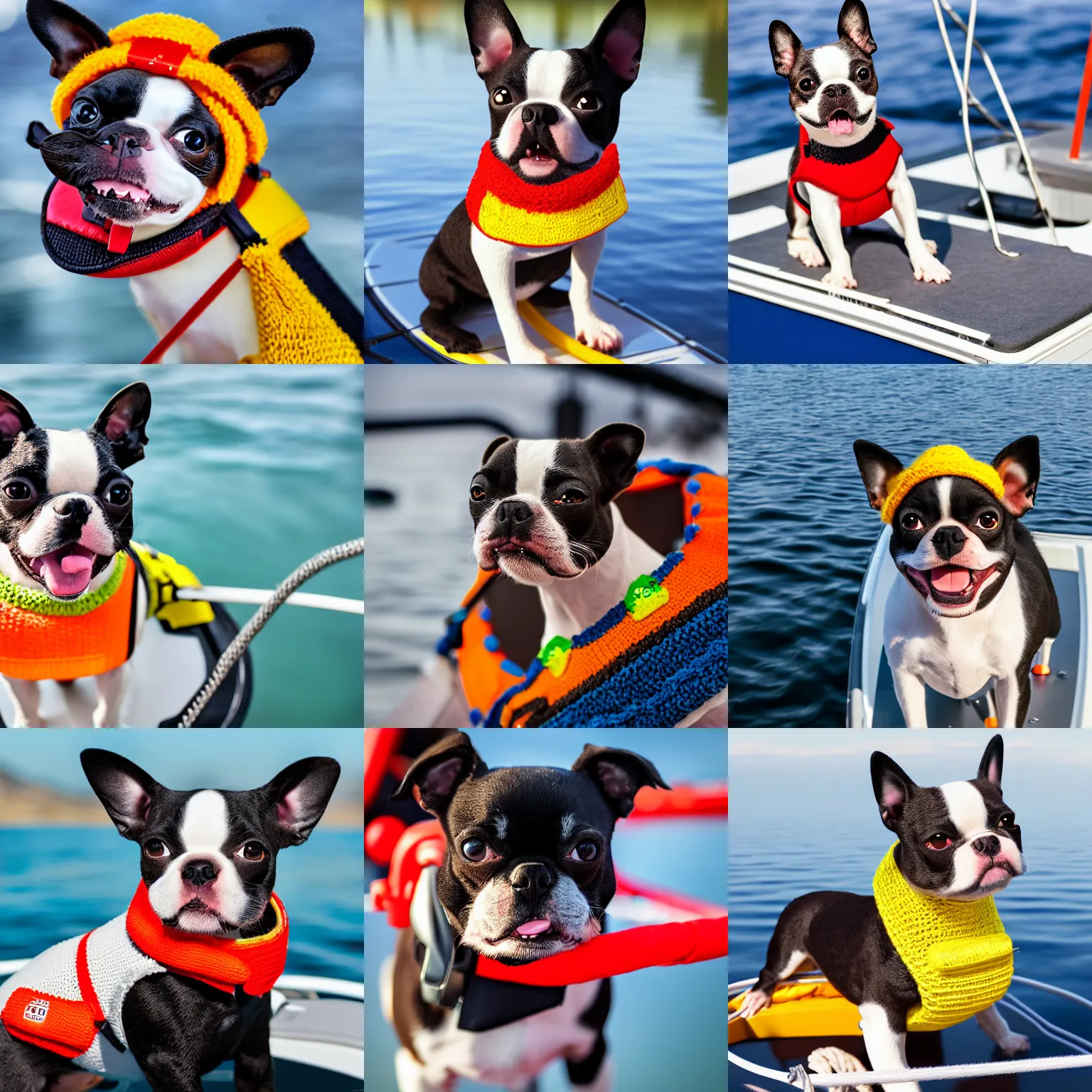 Prompt: a closeup photorealistic photograph of a cute smiling knitted boston terrier dog dressed in a life vest on a pontoon boat. professional capture, well lit shot. this 4 k hd image is trending on artstation, featured on behance, well - rendered, extra crisp, features intricate detail, epic composition and the style of unreal engine.