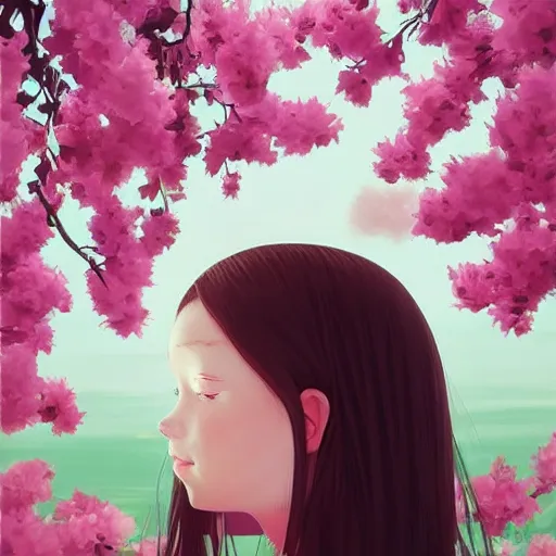 Image similar to little girl with flowers in hair wearing an white dress, art by ilya kuvshinov,