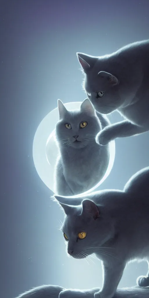 Image similar to a grey cat with blue eyes looks at the moon, volumetric lighting, glowing lights, 4k, octane, digital painting, artstation, concept art, sharp focus, illustration, cinematic film still, art by artgerm and greg rutkowski and alphonse mucha , wide angle view,