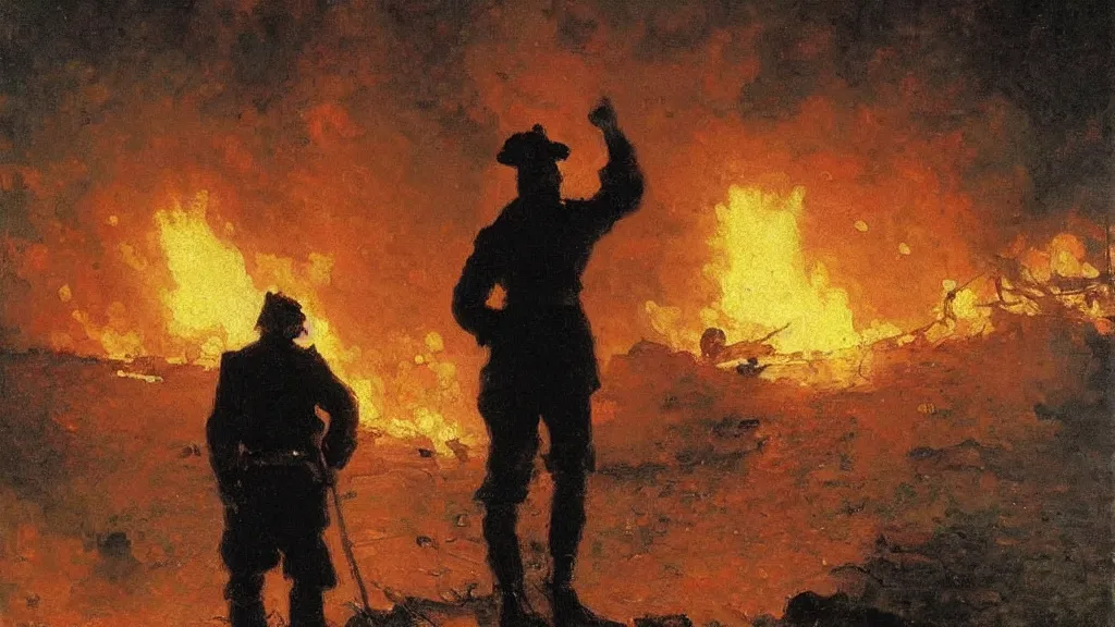 Prompt: high quality high detail painting by ilya repin, silhouette of man standing in front of an epic fire and explosions, war, hd