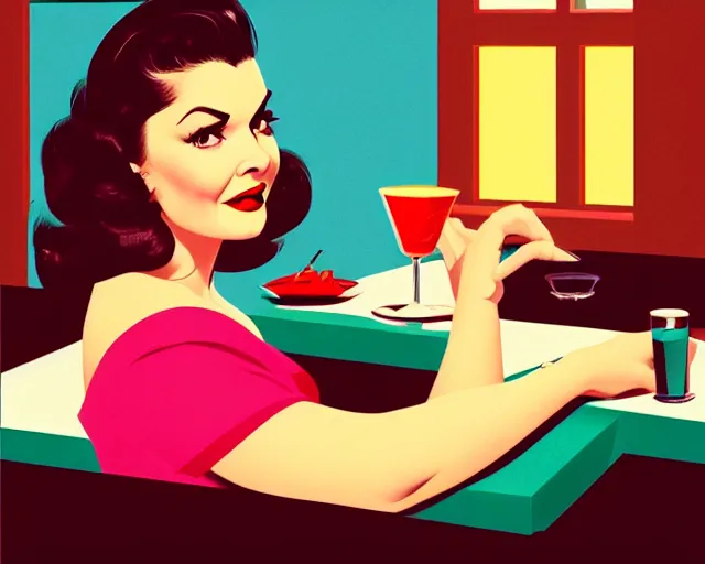 Image similar to advertisement illustration with young sherilyn fenn, diner background, twin peaks, retro futurism, half portrait by stanley artgerm, al parker, jon whitcomb, peter max, dramatic lighting, ilya kuvshinov, trending on artstation, flat colour, geometric curves, gradient filter, pleasing tone colours, 5 0 s style, edward hopper