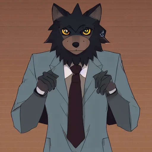 Prompt: key anime visual professional art of a close shot of an anthropomorphic black male wolf anthro furry fursona, wearing a business suit, handsome male eyes, anime office background, official anime still