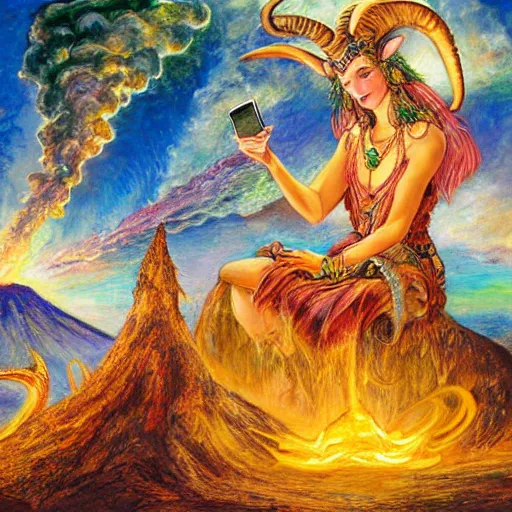 Image similar to painting by senior concept artist josephine wall, horned ram goddess checking her cell phone, erupting volcano and sunset in distance in background, flowers in foreground