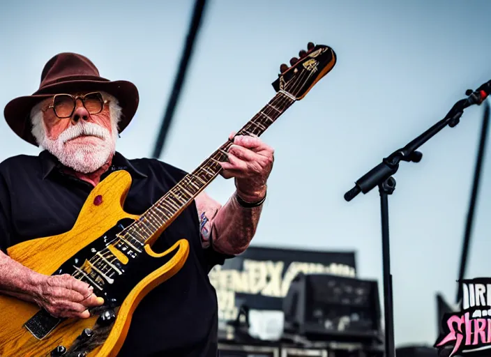 Image similar to photo still of wilford brimley on stage at vans warped tour!!!!!!!! at age 6 0 years old 6 0 years of age!!!!!!! shredding a guitar on stage, 8 k, 8 5 mm f 1. 8, studio lighting, rim light, right side key light