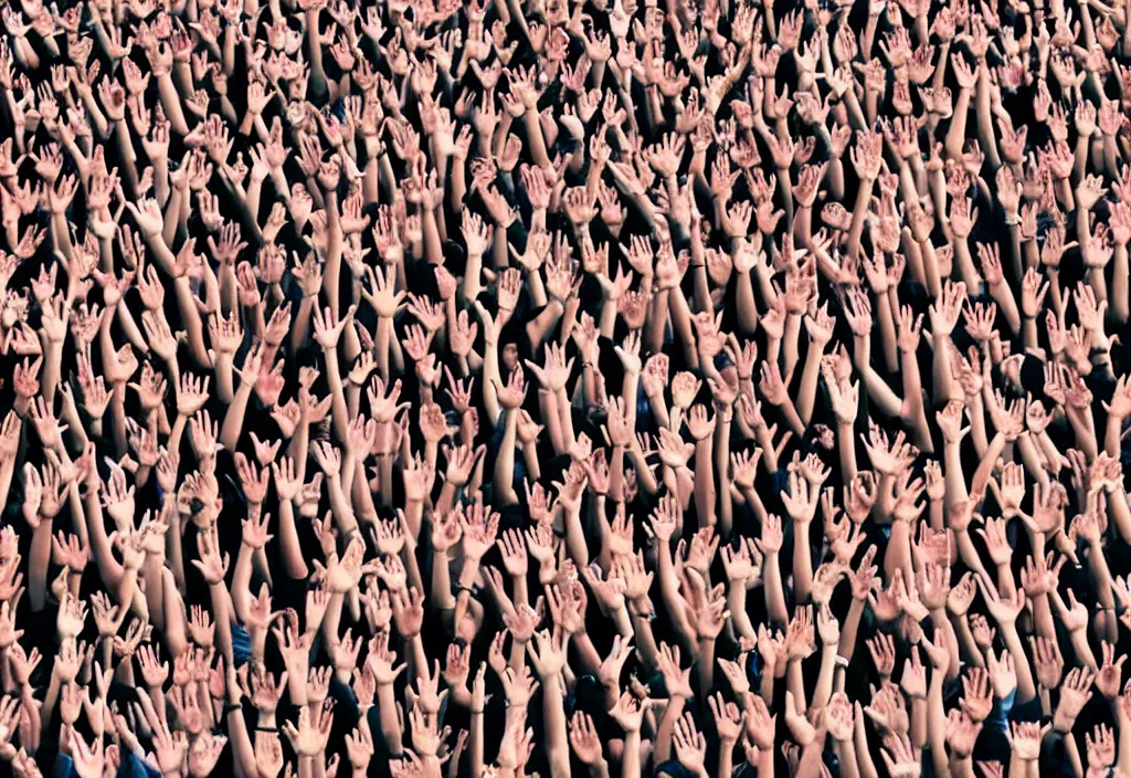 Prompt: 7billion human and each of them with unique face looking at 45 degree angle and waving hands