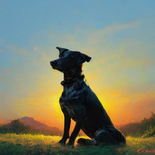 Prompt: a dog watching a beautiful sunset, paint by craig mullins