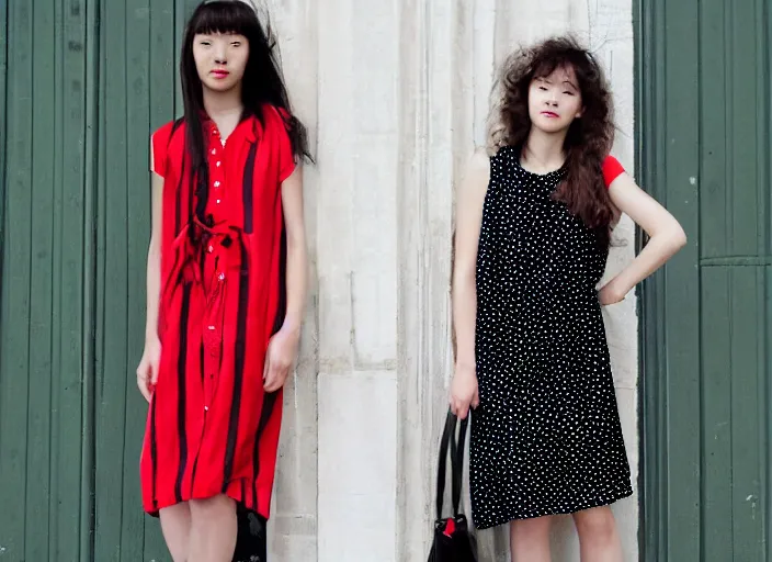 Image similar to “ silk dress, red stripes, black polka dots, model ”