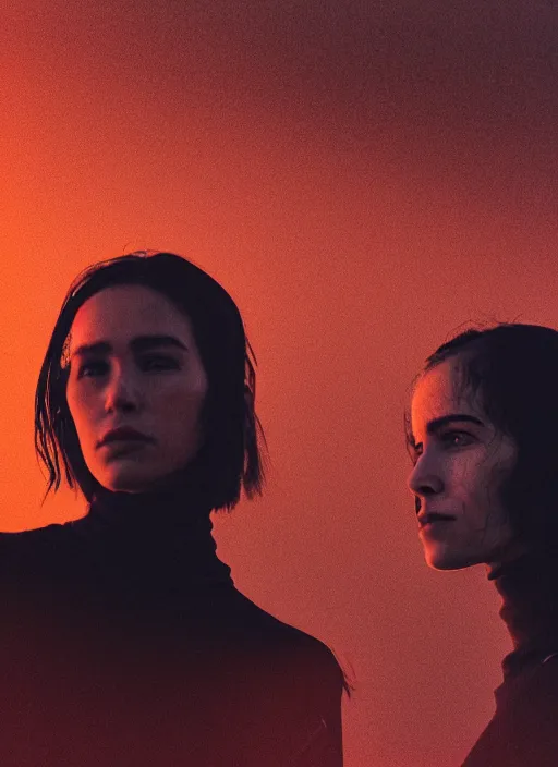 Image similar to cinestill 5 0 d photographic portrait of two loving female androids wearing rugged black techwear on a desolate plain with a red sky, standing in front of a brutalist structure, extreme closeup, cyberpunk style, dust storm, 8 k, hd, high resolution, 3 5 mm, f / 3 2, ultra realistic faces, ex machina