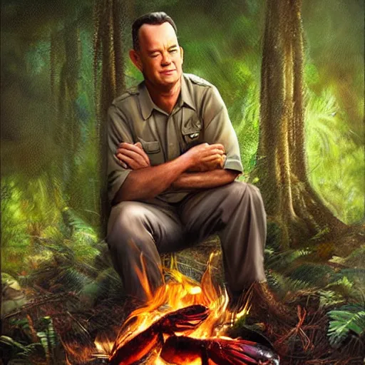 Image similar to Tom Hanks as forrest holding a giant shrimp over a campfire in the jungle, realistic digital painting, in the style of Aleksi Briclot, photoreailstic, realistic face, amazing detail, sharp