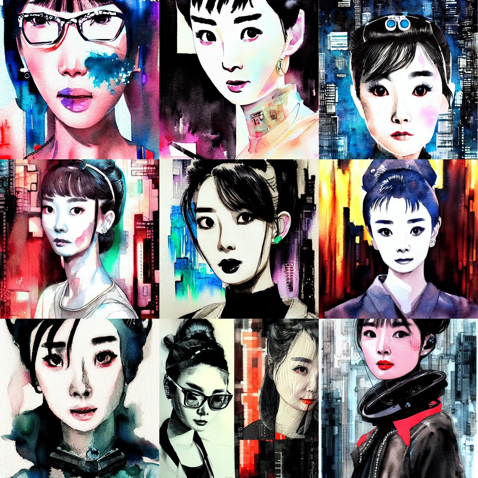 Prompt: korean audrey hepburn, detailed cyberpunk watercolor portrait by tim doyle