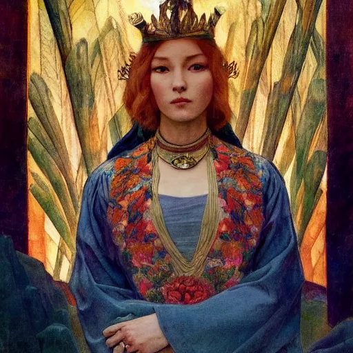 Prompt: queen of the dawn mountains, by annie swynnerton and charlie bowater and diego rivera and nicholas roerich and jean delville, dramatic lighting, brocade robes, elaborate floral ornament, rich colors, smooth sharp focus, extremely detailed