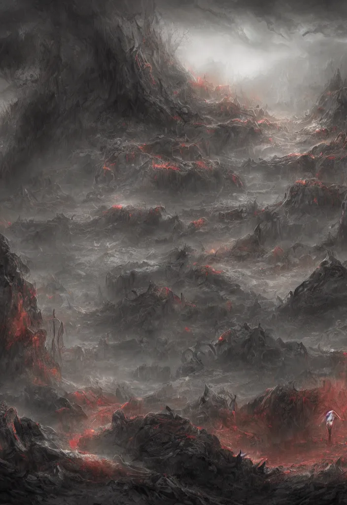 Image similar to landscape of hell with people suffering and ghost, digital art, concept art, deviantart. highly detailed