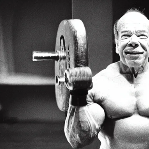 Prompt: “Wallace Shawn pumping iron with Arnold Schwarzenegger vintage 24mm”