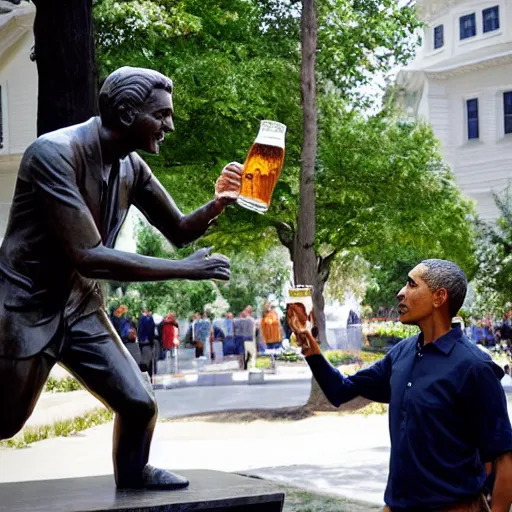 Prompt: a statue of obama drinking beer, handcrafted marble, presidential statue, obama, beer