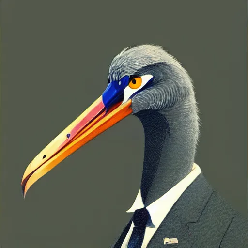 Image similar to a realistic portrait of anthropomorphized shoebill stork wearing suit and tie, photographic realistic background, by atey ghailan, by greg rutkowski, by greg tocchini, by james gilleard, by joe fenton, by kaethe butcher, trending on instagram, award winning details