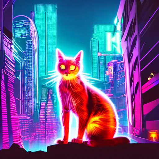 Image similar to cyberpunk cat, neon glow, city in the background, high quality, high detailed