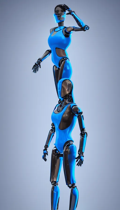 Image similar to a beautiful female robot human hybrid wearing a blue latex jumpsuit, circuitry glowing through the suit like tron, face, torso, legs, feet, full body epic angle, octane render, photo realistic, hyper realistic, 8 k resolution in the style of alvin schwartz