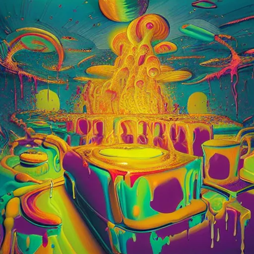 Prompt: jelly rococo gel beehive leaking plasma and colorful auras, liquid, drippy, splashing, scifi 3 d paint spray by beeple, rob gonsalves, jeff koons, jacek yerka, m. c. escher. bees