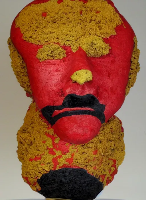 Prompt: sponge sculpture of an ancient warrior red and black and gold theme