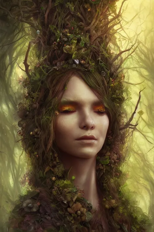 Image similar to portrait of a dryad, fantasy painting, dryad priestess inspired by brian froud, inspired by dungeons and dragons, mysterious, in an evening autumn forest, trending on art station, sunset evening lighting, ominous shadows by jessica rossier