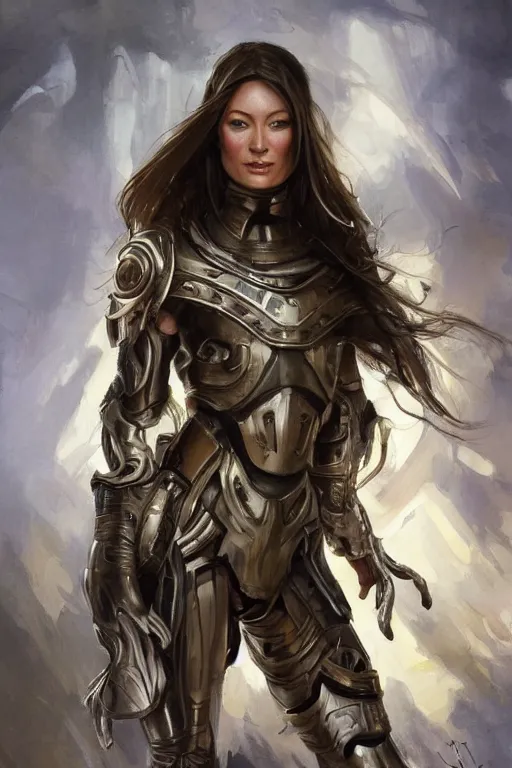 Image similar to a professional painting of a young Olivia Wilde, clothes in military armor, olive skin, long dark hair, beautiful bone structure, symmetrical facial features, intricate, elegant, digital painting, concept art, smooth, sharp focus, illustration, from StarCraft by Ruan Jia and Mandy Jurgens and Artgerm and William-Adolphe Bouguerea