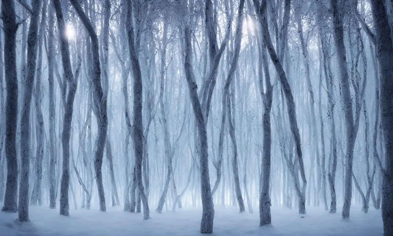 Image similar to forest with trees made of ice that reflect the light in the background, cinematic lighting, cinematic angle, Guillem H. Pongiluppi, Sviatoslav Gerasimchuk, Federico Pelat, dusk