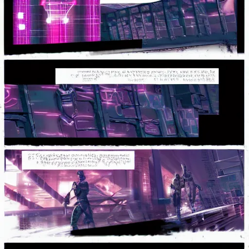 Prompt: cyberpunk physics, grid of square panels, comic style